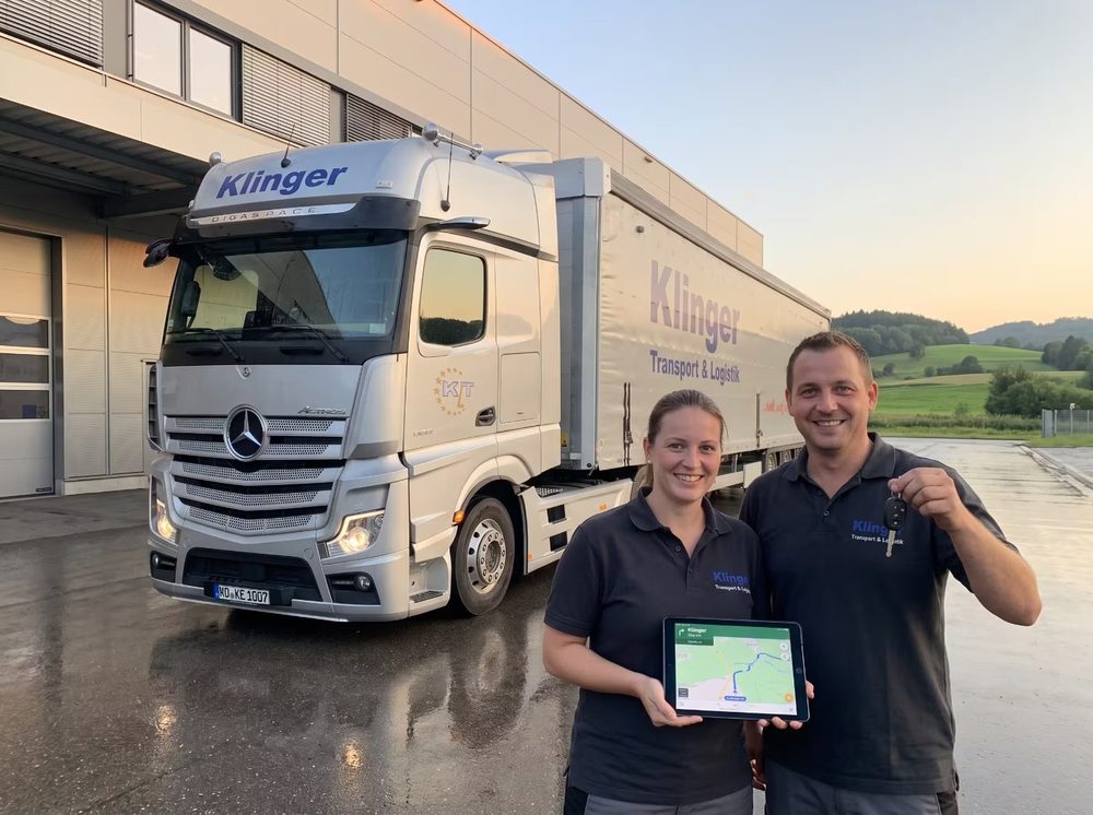 Zwei Klinger-Mitarbeiter vor einem Mercedes-Benz Actros mit Planenauflieger von Klinger Transport & Logistik